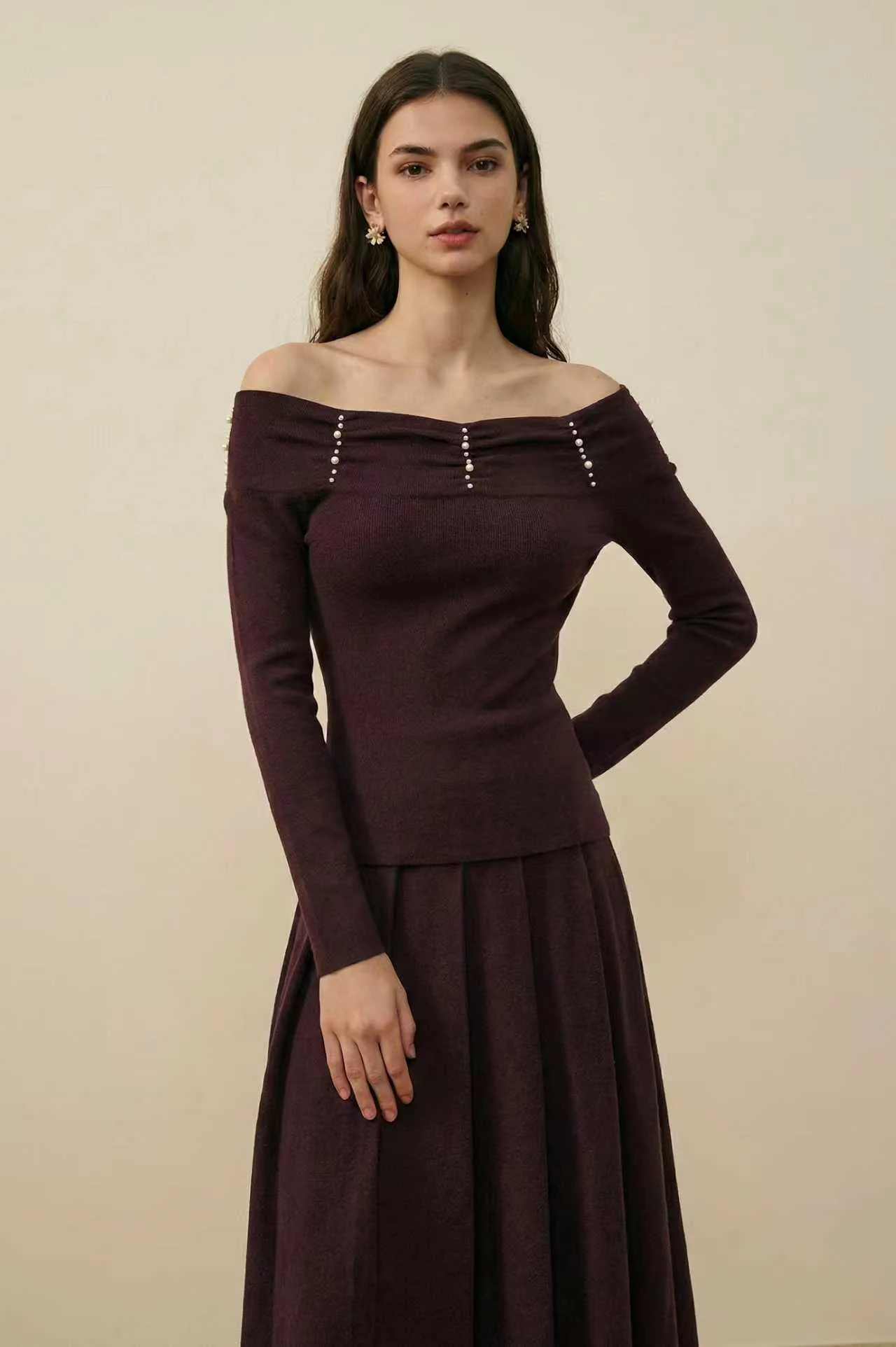 Off shoulder pearl sweater