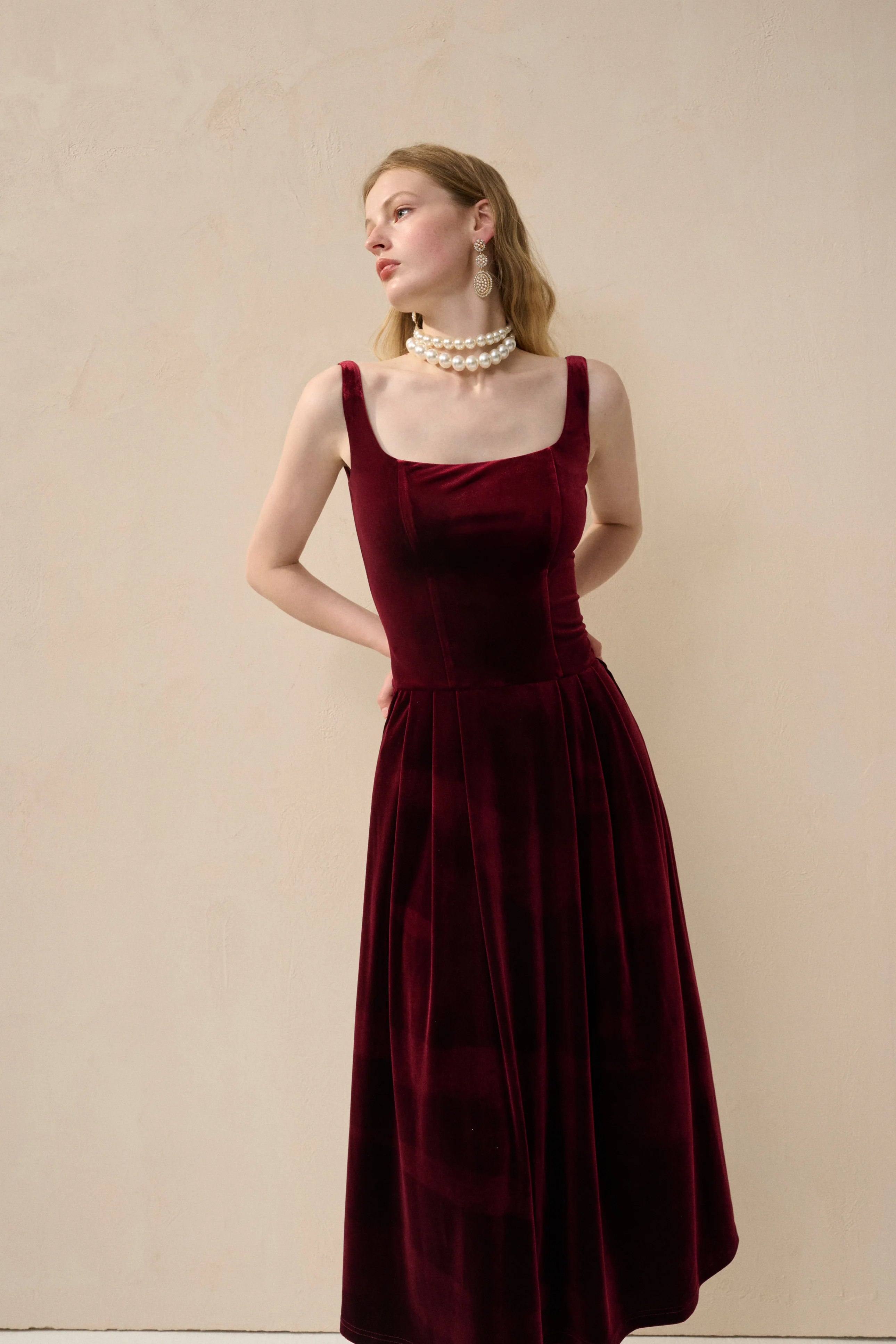 Velvet square neck midi dress