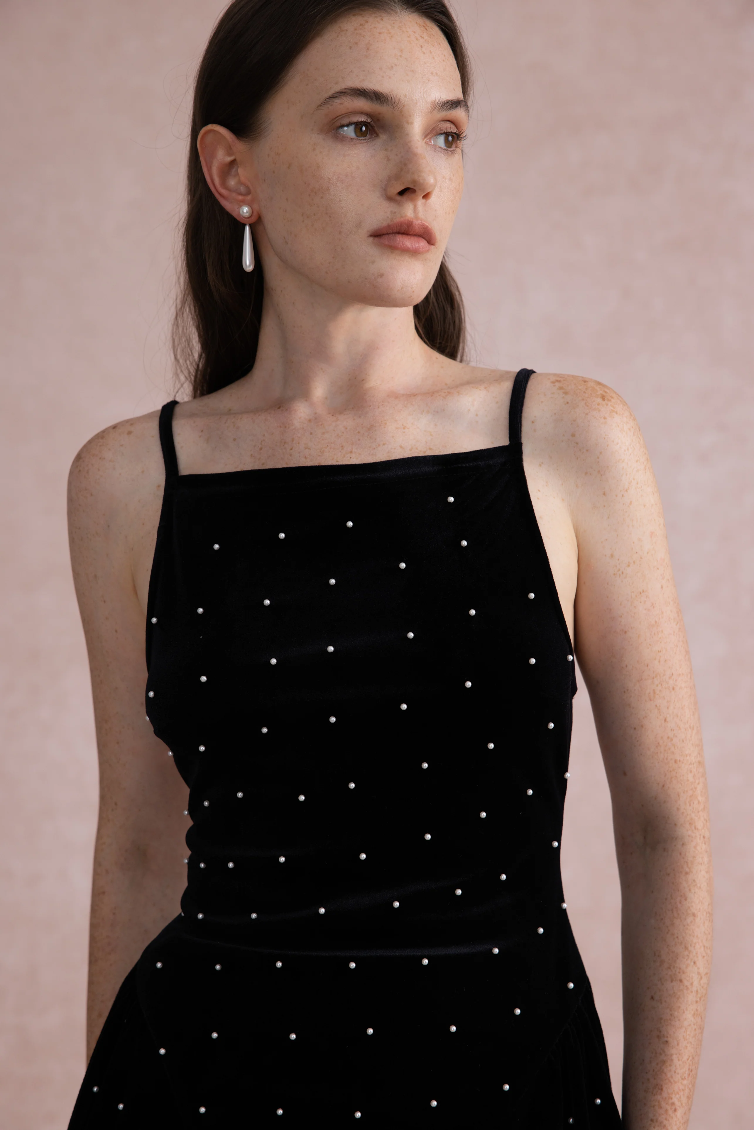 Pearl-dot velvet open back dress