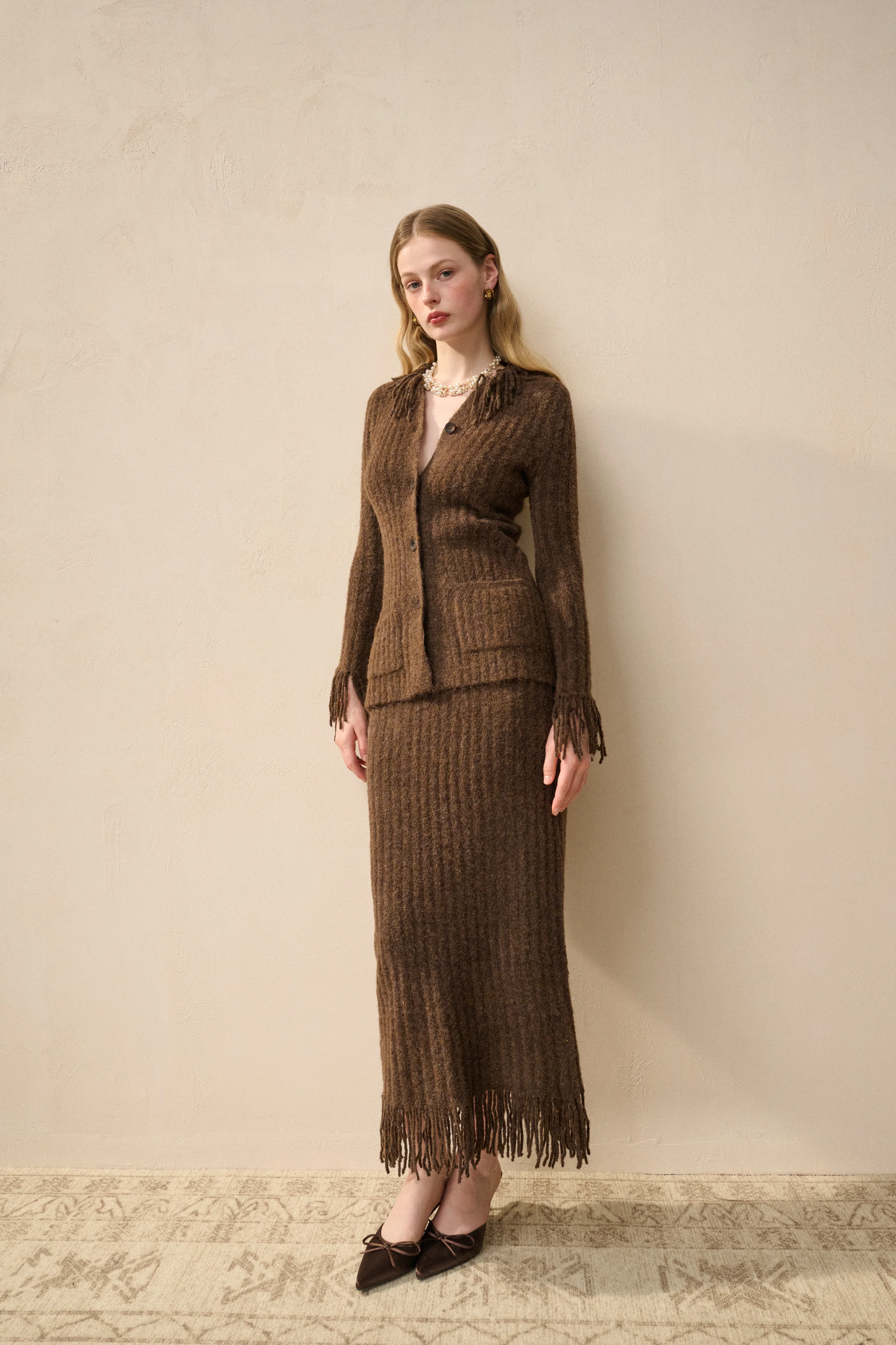 Fringed wool blend skirt