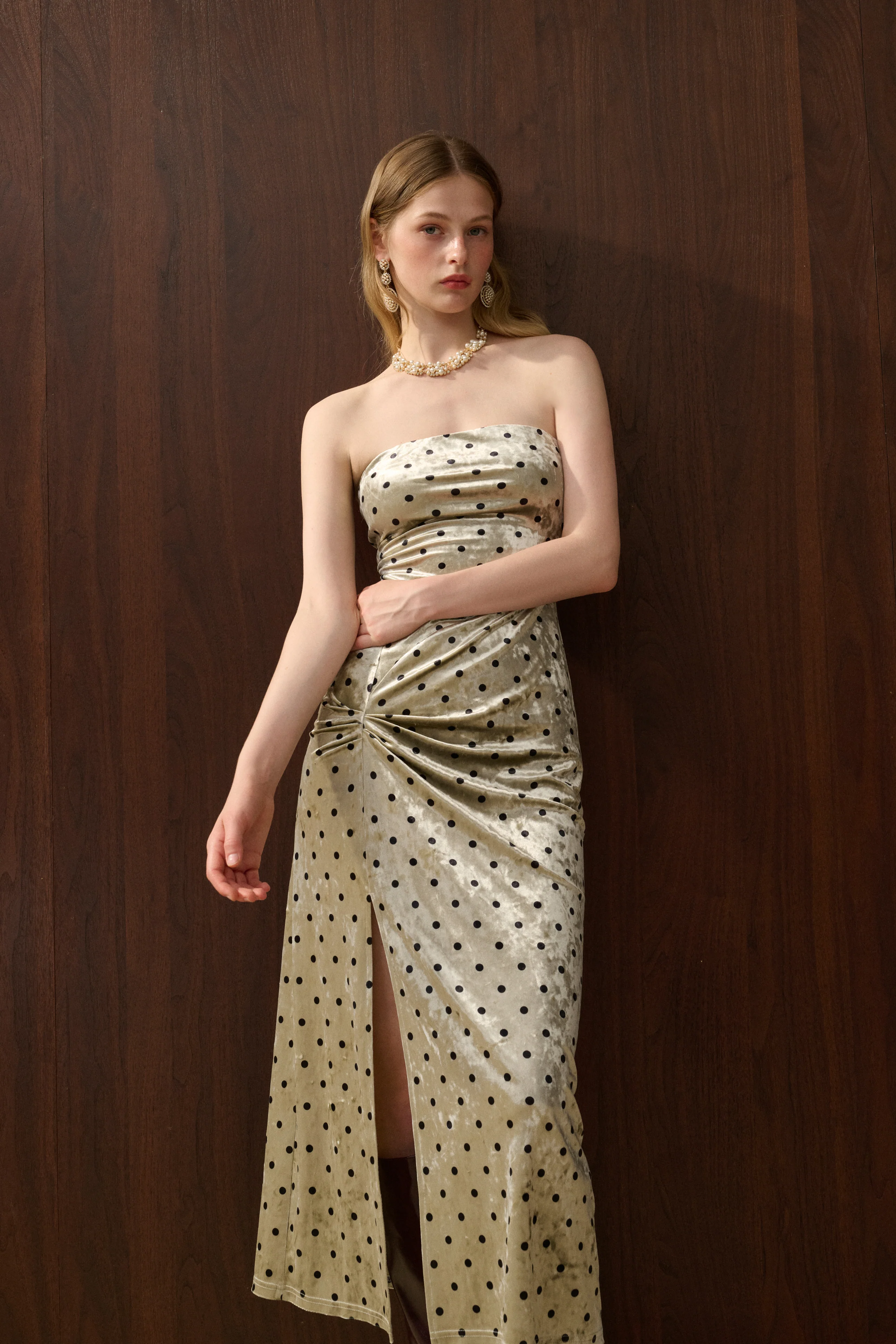 Velvet polka dot strapless dress